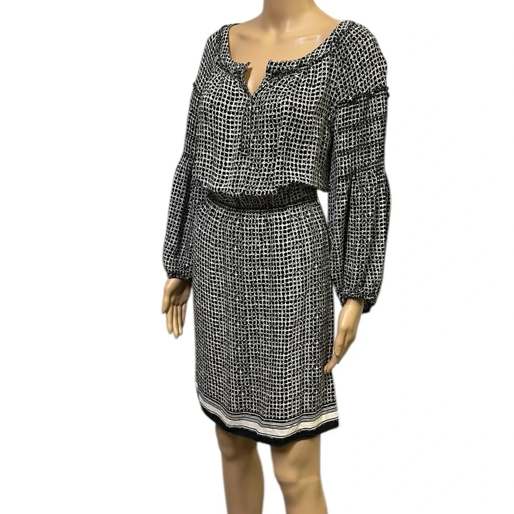MSSP Black Cream Rayon Blouson Long Sleeve Elastic Waist Dress Womens Medium